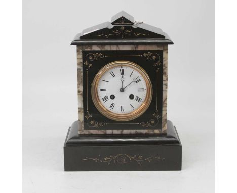 A late Victorian black slate and marble cased mantel clock of architectural form having a circular enamelled dial with Roman 