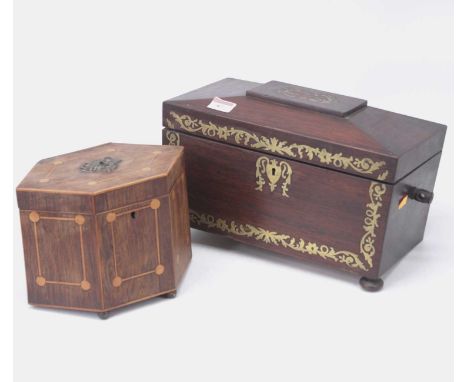 A George III rosewood and box wood inlaid tea caddy of hexagonal form, the hinged lid opening to reveal foil lined interior, 