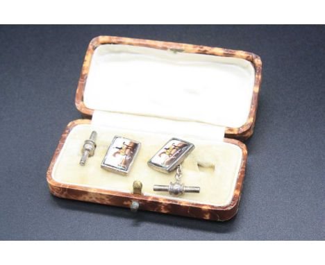 A cased pair of white metal and enamel gents cufflinks, depicting racehorse with jockey up, stamped 925Enamel panels look to 