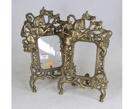 A pair of vintage brass easel photograph frames, each decorated with George &amp; The Dragon, 32 x 20cm 