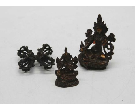 A reproduction brass figure of a Deity, h.8cm; together with another smaller; and a further brass model (3)