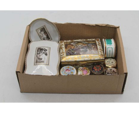A Halcyon Days enamelled patchbox, decorated with butterflies; together with various other patchboxes; an Italian porcelain c