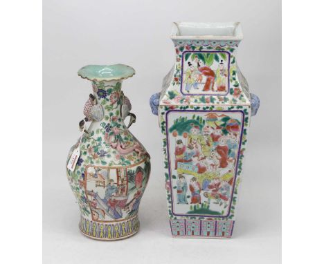 A Chinese export vase of square tapering form, the opposing panels enamel decorated with various figures in an interior scene