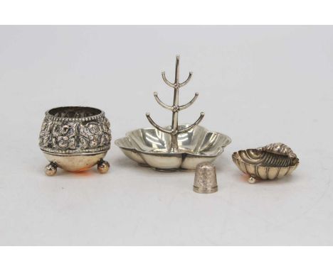 A George V silver ring tree, having seven branches above a pettle shaped dish, h.8cm, Birmingham 1915; together with two silv