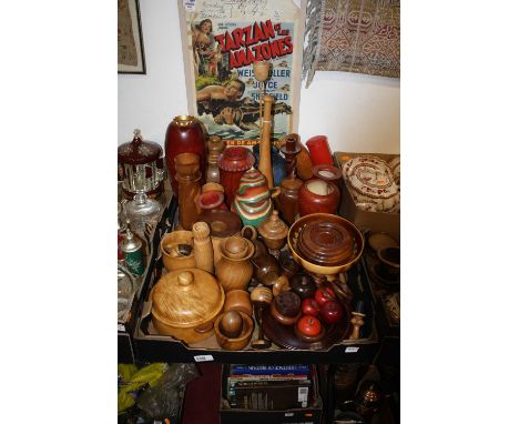 Two boxes of miscellaneous modern treen to include ornamental apples, letter opener, table bowls, candle stick vases, etc