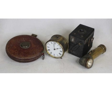 Miscellaneous items to include a brass cased drum clock, the enamelled dial showing Roman numerals, dia.10cm; a vintage Brown
