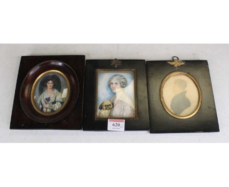 A Victorian portrait miniature of a gentleman, head and shoulders facing left, housed within an ebonised frame, 16 x 13cm; to
