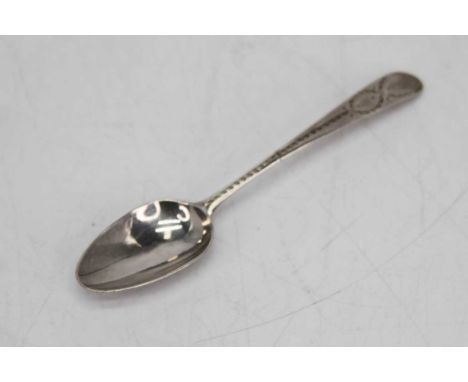 A George III silver teaspoon by Hester Bateman, with bright cut decoration, London 1781, 0.3oztNo visible dents. Slight chips
