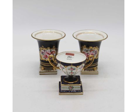 A pair of English porcelain spill vases, possibly Grainger's Worcester, circa 1830, h.13.5cm; together with a Minton porcelai