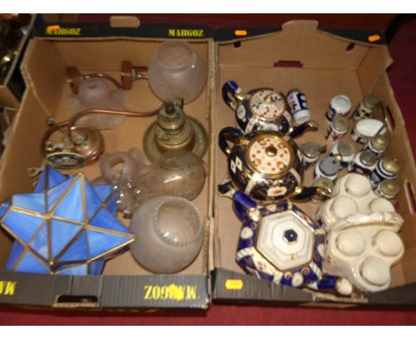 Two boxes of miscellaneous items, to include a pair of brass single sconce wall light fittings with opalescent shades, Gaudy 