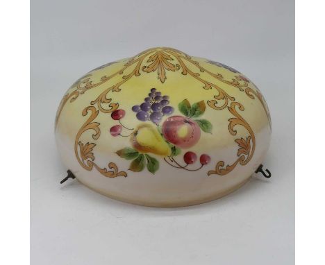 A large early 20th century opalescent glass ceiling light shade, of mushroom shape, hand-painted with fruits and berries, dia