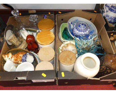 Two boxes of miscellaneous items, to include a studio pottery stem vase, Portmeirion Botanic Garden storage jars and covers, 
