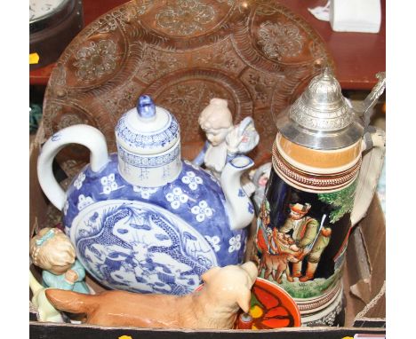 A box of miscellaneous items, to include a Japanese Kutani-wear miniature bottle vase, Poole Pottery pin dish in the Aegean p