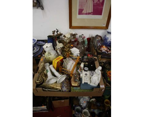 Two boxes of miscellaneous items to include a blanc de chine figure of a lady, a Shelley commemorative model of a British tan