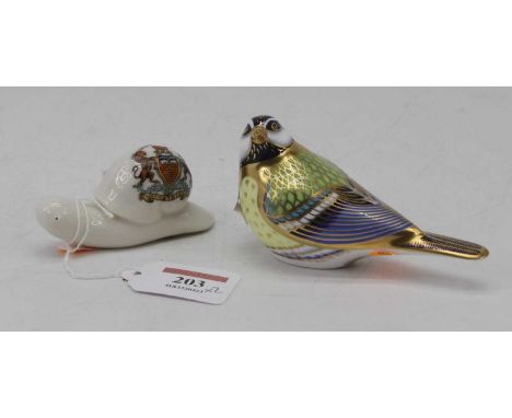 A Royal Crown Derby porcelain model of a Great Tit, gold stopper, 12cm, together with a Grafton crested ware model of a snail