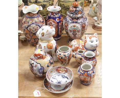 A collection of 19th century and later Japanese Imari wares to include vase and cover, reproduction model of a cat, ginger ja