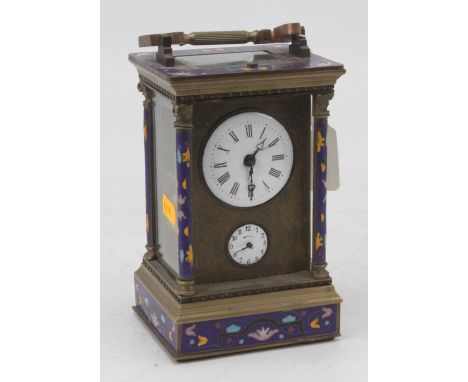 A 20th century cloisonne enamelled brass carriage clock, having two enamelled dials and visible platform escapement, h.18cm 