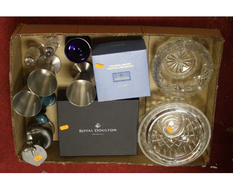 A collection of crystal glassware to include Wedgwood and Royal Doulton; together with pewter goblets and a Poole Pottery mod