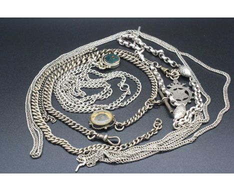 A silver graduated curb link watch chain with T-bar, together with other silver and steel watch chains, to include one with b