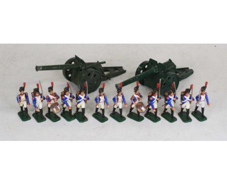 A Britains model artillery gun; together with another similar; and a collection of painted model soldiers 