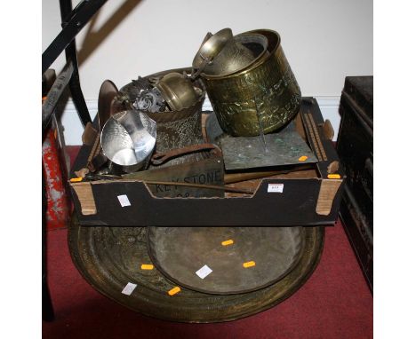 A collection of metalware to include a brass sundial and an Eastern repousse brass jardiniere 