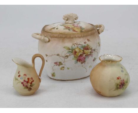 A Royal Worcester blush ivory vase, shape No.779, h.6cm; together with a Royal Worcester blush ivory jug; and a Doulton sugar