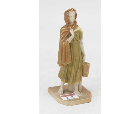 A Royal Worcester figure of a young girl, carrying a basket, shape 1874, puce mark, height 17cm