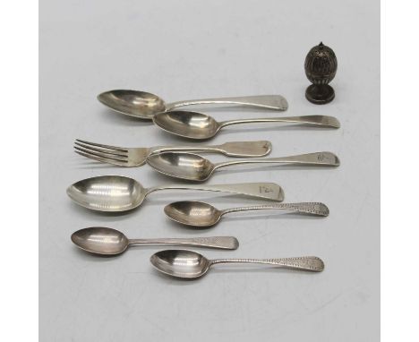 A collection of silver flatware, various makers and dates from 1819 onwards; together with a silver pepper, gross weight 8.1o