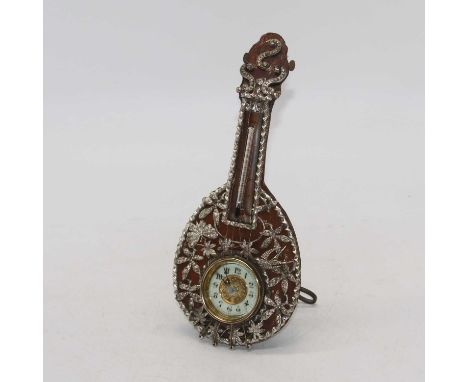 A novelty combination clock/thermometer in the form of a mandolin, with applied decoration in the form of birds, insects and 