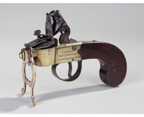18th Century tinderbox lighter, maker Palmer, Rochester, the steel box lock flint lock with strike, raised on a named brass f