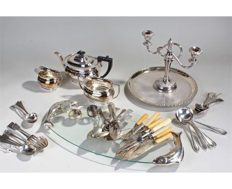 Mixed silver plate, to include trays, three piece tea set, flatware, etc, (qty)