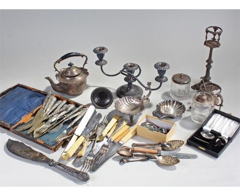 Mixed silver plated wares, cutlery, wine funnel, candlestick, tea pot, etc, (qty)