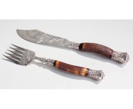 James Dixon & Son fish servers, with knife and fork with stag engraved design, silver collar and ends