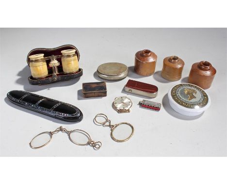 Mixed works of art, to include bottles, opera glasses, glasses case, snuff box, etc, (qty)