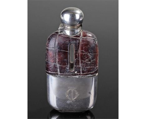 James Dixon and Son silver plated hip flask, with glass bottle and leather top, 15cm high