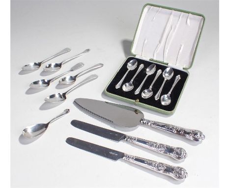 Mixed flatware, to include spoons, cased set of spoons and three silver handled knives, (qty)