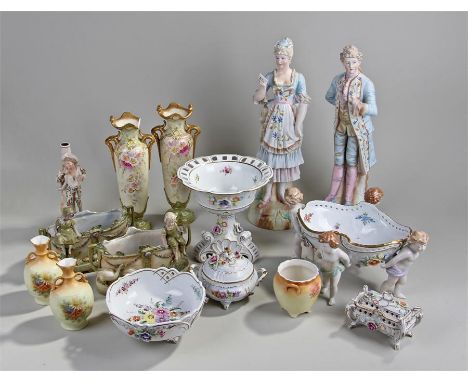 Collection of porcelain, to include Dresden examples, cherubs holding a basket, a footed bowl, a pair of figures, blush ware,