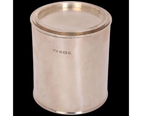 An Art Deco George V silver tea caddy, Adie Brothers Ltd, Birmingham 1923, plain cylindrical form, model no. 73155, diameter 