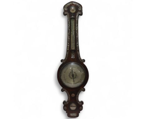 A 19th century rosewood and mother-of-pearl inlaid wheel barometer, thermometer and hygrometer, with engraved silvered dials,