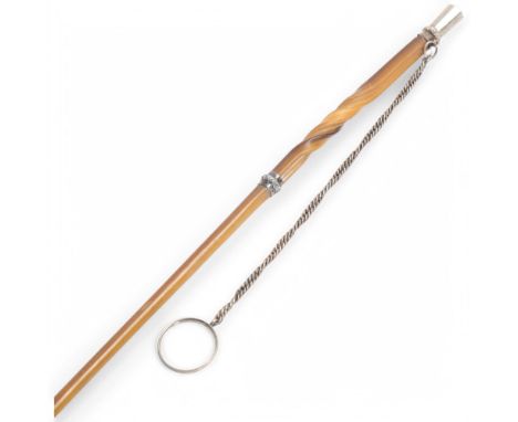 A fine 19th century lady's or child's rhino horn riding whip, with unmarked white metal mounts and chain, length 53cmGood con