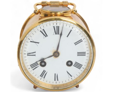A 19th century French brass drum carriage clock, maker CV, white enamel dial with Roman numeral hour markers, blue steel spad
