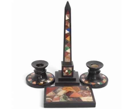 A 19th century Grand Tour Pietra Dura desk set, comprising an obelisk, height 25.5cm, a pair of short candlesticks, height 6.