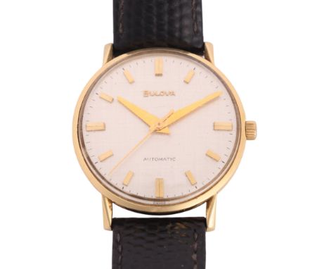 BULOVA - an 18ct gold automatic wristwatch, circa 1960s, brushed silvered dial with gilt block hour markers, dauphine hands a