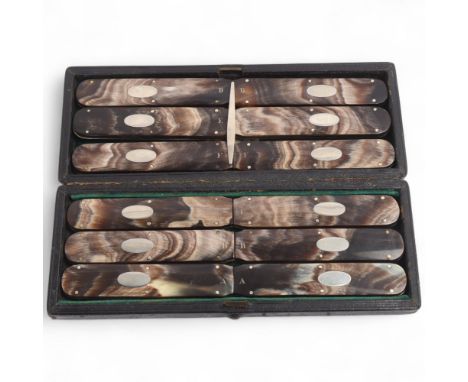 A 19th century horn-handled travelling eating cutlery set for 6 people, by Underwood, comprising 6 inter-locking knives and f