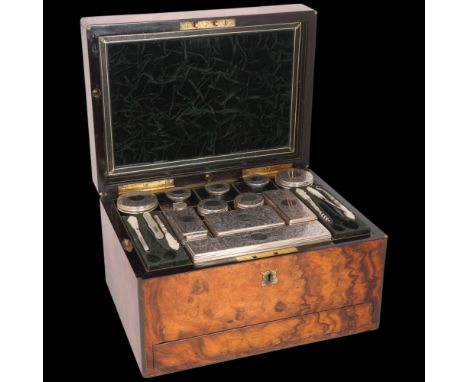 A fine Victorian burr-walnut travelling vanity dressing case, Mechi & Bazin of London, containing original fitted silver-topp