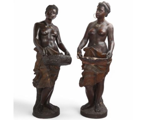 2 similar large cold painted terracotta Orientalist figures, in the manner of Goldscheider, each modelled as a partially nude