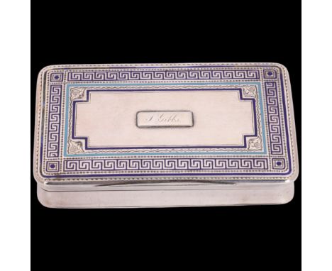 An Art Deco French silver snuff box, indistinct maker, rectangular form, with engine turned decoration and blue enamel Greek 