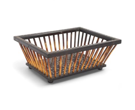 A 19th century Anglo-Indian bone inlaid ebony and porcupine quill basket, 26.5cm x 20.5cmBase has a split with a dovetail joi