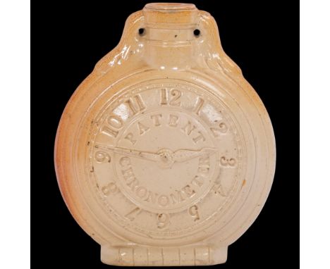 A rare 19th century Fulham Pottery salt glaze stoneware 'Patent Chronometer' novelty flask, modelled as a clock dial, impress