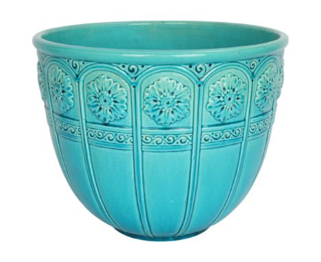 Burmantofts pottery turquoise glaze jardiniere, with relief moulded decoration, pattern no. 1780, height 24cm, diameter 29cm1
